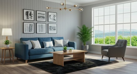Modern Living Room with Blue Sofa and Abstract Art. Contemporary Living Room Design with Gray Paneling. Stylish Home Decor with Natural Elements.