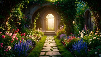 beautiful secret fairytale garden with flower background