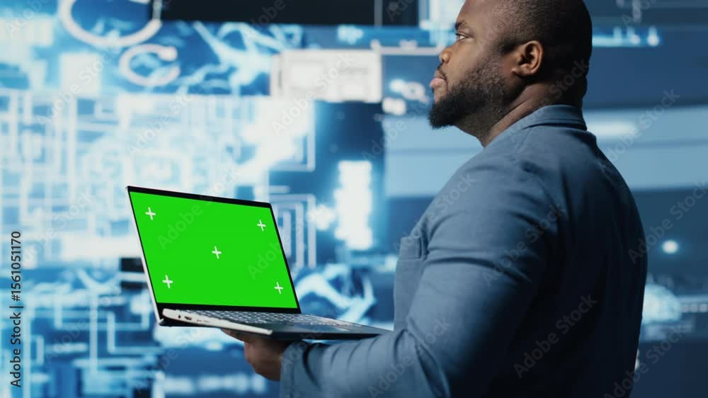 Poster young entrepreneur technician using advanced technology and green screen on laptop, exploring data s