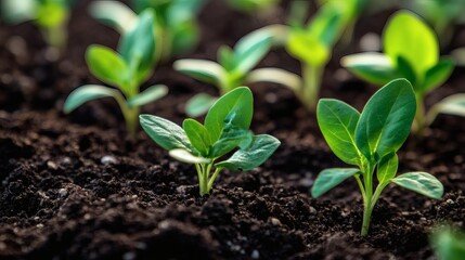 Several small green seedlings are growing out of dark soil