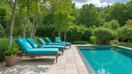 Obraz premium Landscaped backyard with a swimming pool and lounge chairs.