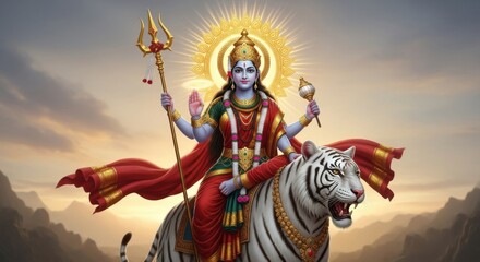 Devotional Illustration of Goddess Durga Riding a Majestic White Tiger at Sunset