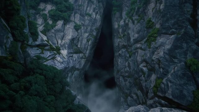 Fog gradually filling narrow gorge between two steep cliffs