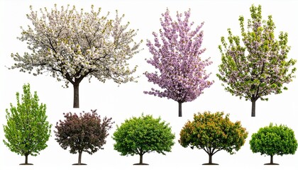 Fototapeta premium Set of Prunus persica and Prunus avium blossoming frontal street trees isolated 