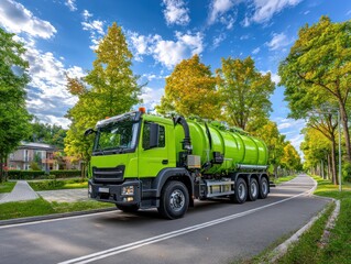 Green tanker truck on suburban street