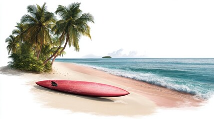 Isolated Beach Scene with Surfboard by Water Edge in White Background