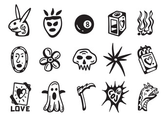 Fototapeta premium Various elements of doodle tattoo isolated on white background