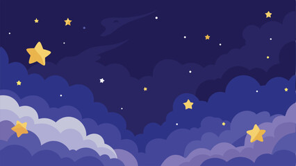 Cartoon night sky illustration with stars and fluffy clouds against a transparent background