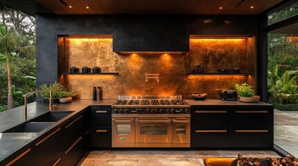 Modern Kitchen with Black Cabinets, Gold Backsplash, and Stainless Steel Stove.