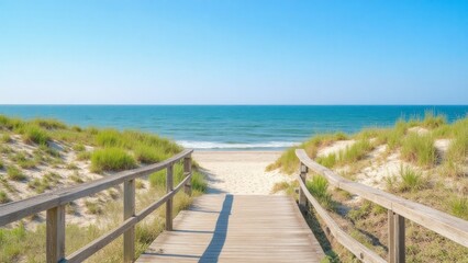Wooden walkway leading to a sandy beach and turquoise ocean.