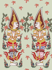 Traditional Thai art doorkeeper pattern in damask style motifs suitable for wallpaper, curtain, clothing and fabric design isolated illustration vector archive EPS file.