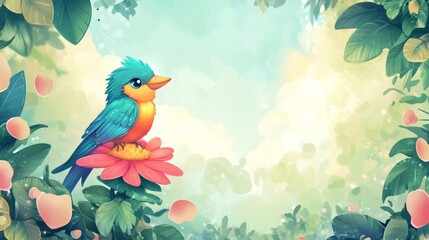 A Colorful Bird Perched On a Pink Flower Among Green Foliage