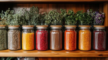 Shelved Jars of Spices and Herbs