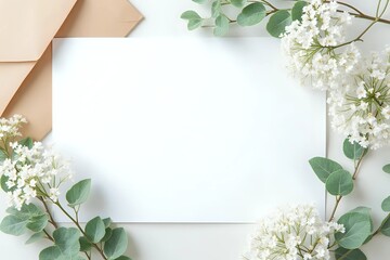 Wedding, birthday stationery composition. Blank greeting card, invitation mockup and craft envelope. Green Eucalyptus populus branches, Gypsophila flowers with copy space