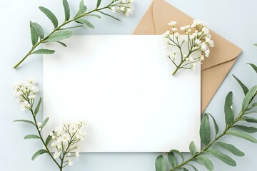 Fototapeta premium Wedding, birthday stationery composition. Blank greeting card, invitation mockup and craft envelope. Green Eucalyptus populus branches, Gypsophila flowers with copy space