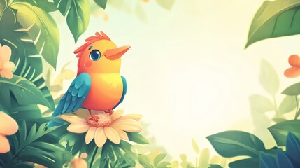 A brightly colored bird perches on a large yellow flower