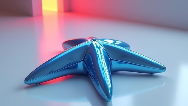 Modern abstract blue metallic star sculpture on a reflective surface with glowing red and yellow background light.
