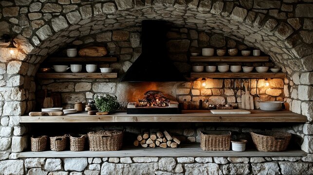 Stone Alcove with Shelves, Cooking Items, and Hearth