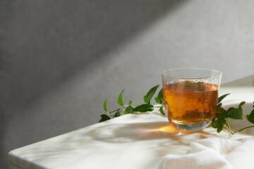Minimal Aesthetic Beverages in Natural Light with Greenery.