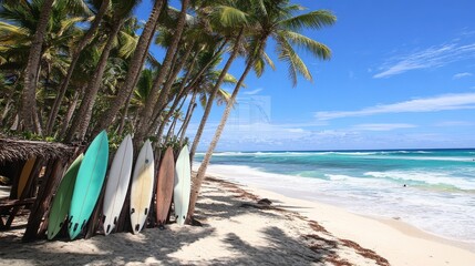 Surfboards Leaning on Palm Trees by Clear Blue Ocean and Sky