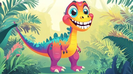 Obraz premium A smiling cartoon dinosaur is standing in a lush green forest setting