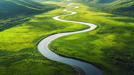 Winding River Through Lush Green Landscape