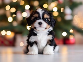 A cute, fluffy Cavoodle puppy sits in front of a blurred Christmas tree with twinkling lights, creating a heartwarming holiday scene.