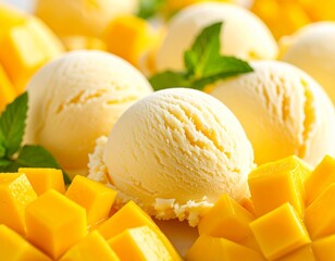상큼한 망고 아이스크림 볼의 클로즈업 디저트 이미지 Close-up dessert image of a refreshing mango ice cream ball

