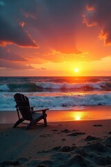 Fototapeta premium Serene Sunset Beach Scene Empty Chairs, Crashing Waves, Melancholic Atmosphere