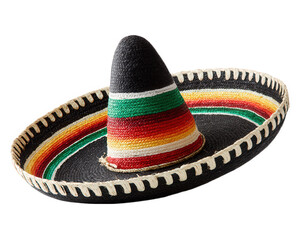 Black sombrero traditional Mexican hat colorful stripes woven straw festive accessory isolated on transparency background celebration cultural decorative vibrant cheerful