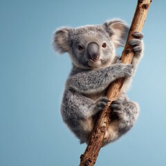 Naklejka premium Adorable Koala on Branch: A charming koala joey clings to a tree branch against a serene blue backdrop, showcasing its endearing features and fluffy fur.