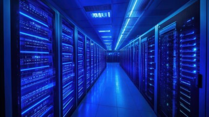 Server Room with Illuminated Racks and Blue Lighting
