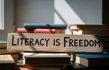 Stack of books supporting a wooden plaque with “Literacy is Freedom,” expressing the true power of knowledge on World Book Day.