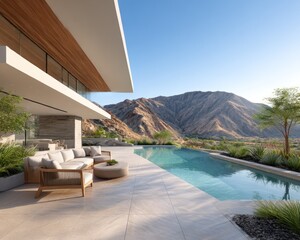 Obraz premium Modern house with pool and mountain view