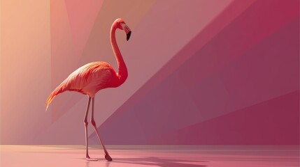 Fototapeta premium Graceful Flamingo in a Radiant Glow: An elegant flamingo, its plumage a vibrant pink, strides confidently, its long neck and legs creating a graceful pose against a backdrop of soft, warm hues.