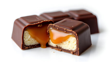 Delicious chocolate candies filled with creamy caramel and soft filling displayed on a plain surface, tempting dessert