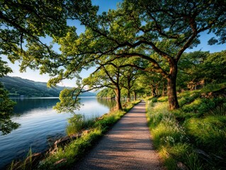 Naklejka premium Lakeside path under trees at dawn
