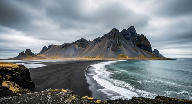 Dramatic Black Sand Beach With Jagged Mountains Under Moody Clouds - Powered by Adobe