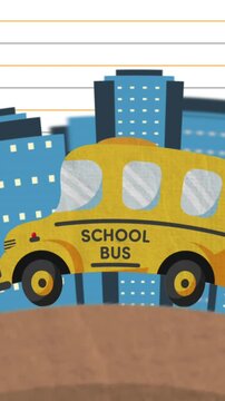 School bus driving across cityscape against white lined paper
