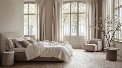 A cozy bedroom displays soft colors with large framed windows