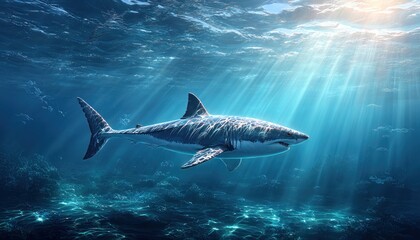 Naklejka premium Majestic great white shark in sunlit ocean depths
