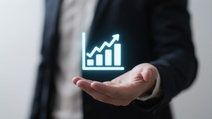 Business Growth Success: Hand Holding Upward Trending Graph Icon, Modern Businessman, Professional Achievement, Financial Success, Corporate Growth Strategy