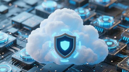 Secure Cloud Computing: 3D Render of Protected Cloud Data Center with Shield Icon on Circuit Board