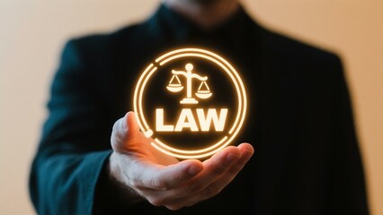 Man in Suit Presenting Glowing Law Symbol: Legal Justice Concept, Attorney, Lawyer, Judicial System