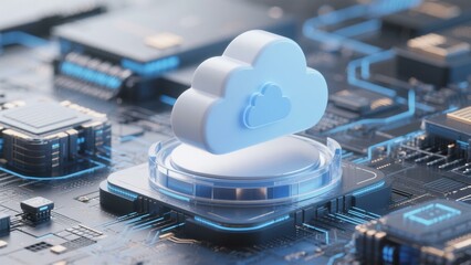 Cloud Computing Technology: Futuristic 3D Render of Cloud Icon on Advanced Circuit Board, Digital Infrastructure