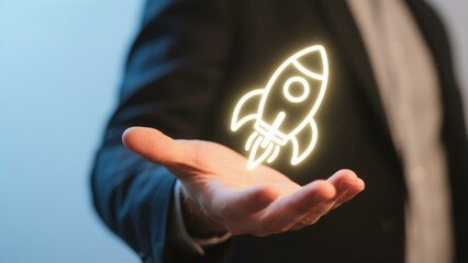 Businessman Launching Startup Rocket: Innovation Growth Success Concept Image