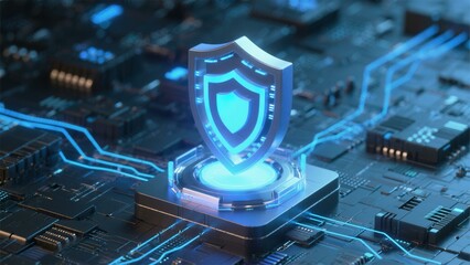 Cybersecurity Protection: Digital Shield on Circuit Board, High-Tech Data Security, Network Safety, 3D Render, Blue Glow