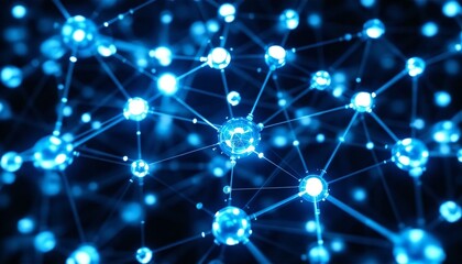 Stunning Blue Molecular Network Abstract Background: Glowing Atoms Connected by Lines, High Resolution 3D Render