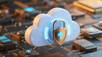 Secure Cloud Computing Data Protection: 3D Render of Cloud with Lock on Circuit Board