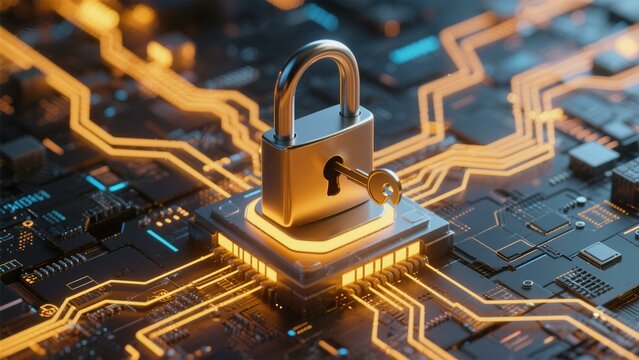 Cybersecurity Protection: Digital Fortress, Secure Data, Network Safety, Padlock on Circuit Board, Technology, 3D Render, Gold, Safety, Privacy